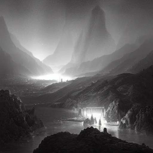 Image similar to a nightfall over a fantastical san francisco bay area, fantastical, transcendent, clean linework, dramatic, unexpected, surprising, epic light scene, spectacular, finely detailed, award winning, 4 k, trending on artstation, photorealistic, volumetric lighting, octane render uhd artwork by gustave dore, by michelangelo and by de vinci