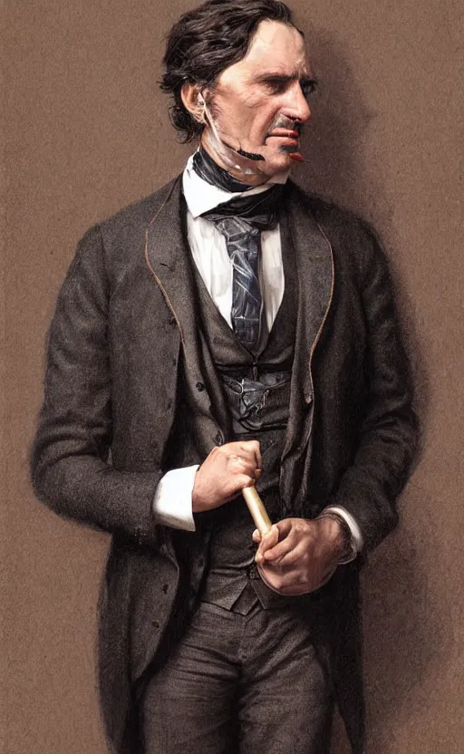 Prompt: portrait of a middle aged victorian gentleman, suit and waistcoat, holding a cane, male, detailed face, victorian, highly detailed, cinematic lighting, digital art painting by greg rutkowski