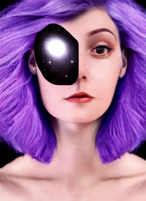 Image similar to photorealistic space pilot 3 0 0 0 cyclope beautiful female with purple hair portrait photography feroflex photorealistic studio lighting ektachrome detailed intricate face details, ultradetails, beautiful face, realistic shaded perfect face, extremely fine details