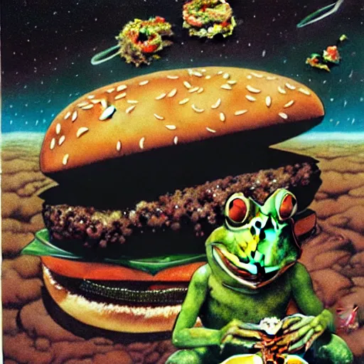 Image similar to a man with a frog head eating cheeseburger in front of devastating broken building in space, by by otto dix, junji ito, hr ginger, jan svankmeyer, beksinski, claymation, hyperrealistic aesthetic, masterpiece