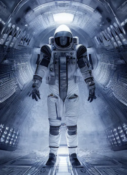 Image similar to symmetry concept art by craig mullins astronaut in futuristic dark and empty spaceship underwater. infrared glowing lights. complex and hyperdetailed technical suit. reflection and dispersion materials. rays and dispersion of light. volumetric light. 5 0 mm, f / 3 2. noise film photo. flash photography. unreal engine 4, octane render. interstellar movie art