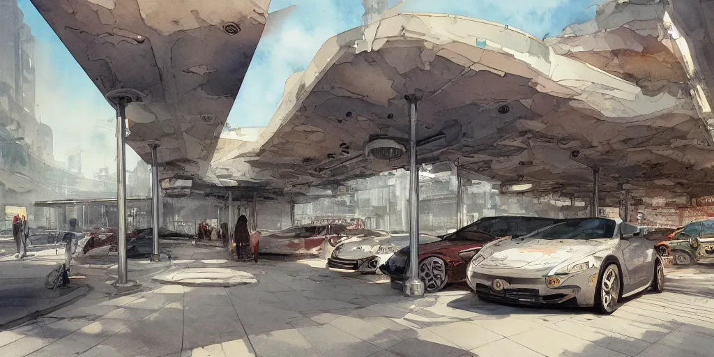 Image similar to a beautiful insanely intricate watercolor illustration of modern parking station, reflexions, colorfull, by william turner art, by greg rutkowski, by james jean, by rossdraws, by frank franzzeta, by sakimichan, by edmund dulac, trending on artstation, insanely detailed, masterpiece,