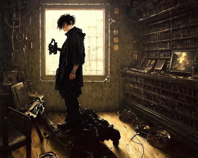 Prompt: a epic norman rockwell painting portrait of emo listening to music in a dark liminal space room, gritty tech, deep focus, fantasy, intricate, elegant, highly detailed, digital painting, artstation, concept art, matte, sharp focus, illustration, dark fantasy style art, resident evil, art by artgerm and greg rutkowski and alphonse mucha