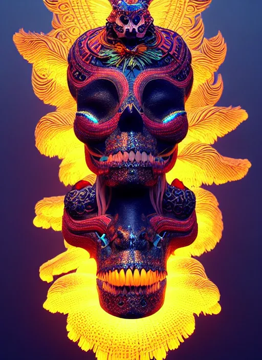 Image similar to 3 d goddess portrait, 8 k micro details global illumiantion beautiful intricate highly detailed quetzalcoatl skull and feathers. bioluminescent, fire, snow, water, wind, creature, thunderstorm! artwork by tooth wu and wlop and beeple and greg rutkowski, trending on artstation,