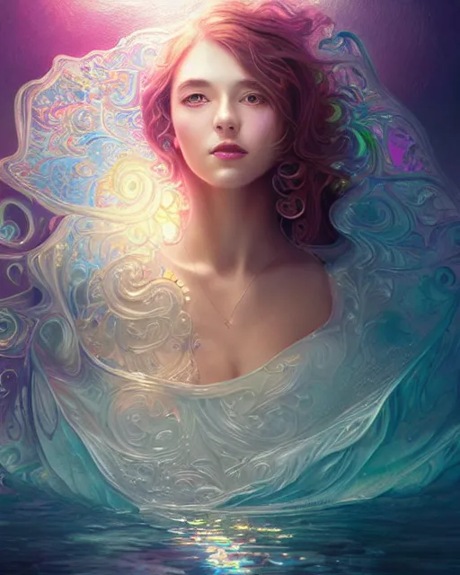 Prompt: cute woman inside an ornate sail boat of iridescent liquid, alchemy, shiny plastic, intricate, bloom, detailed, volumetric lighting, sharp focus, photorealism, digital painting, highly detailed, concept art, by by artgerm and wlop