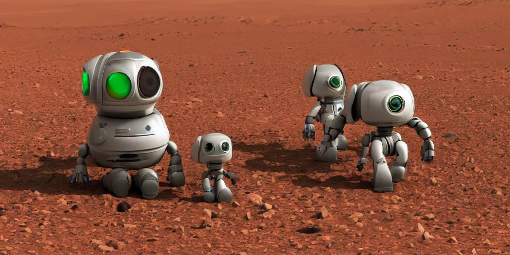 Image similar to high quality presentation photo of cute alien robots on mars, photography 4k, full body, f1.8 anamorphic, bokeh, 4k, Canon, Nikon