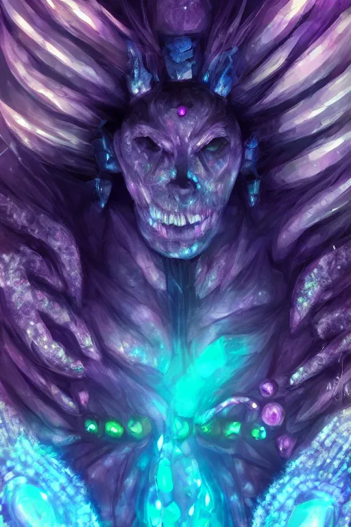 Image similar to a glowing humanoid crystal monster with gemstones for eyes, highly detailed, digital art, sharp focus, trending on art station, anime art style