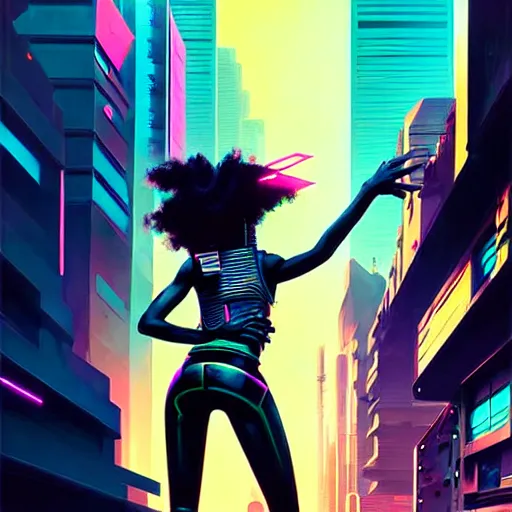 Prompt: a black girl flying through the synthwave city with a rocketpack in a cyberpunk style by greg rutkowski and android jones, oil on canvas
