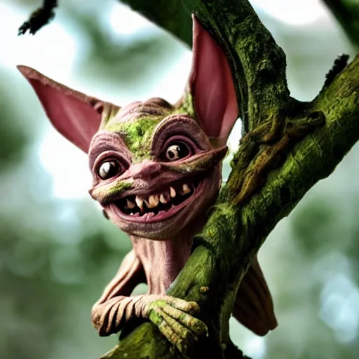 Prompt: friendly scamp goblin with pointy teeth and big bat ears perched on tree branch