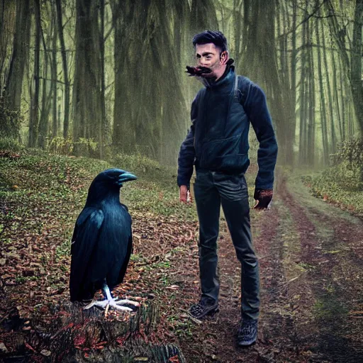Prompt: male human and crow!! chimera, photograph captured in a forest