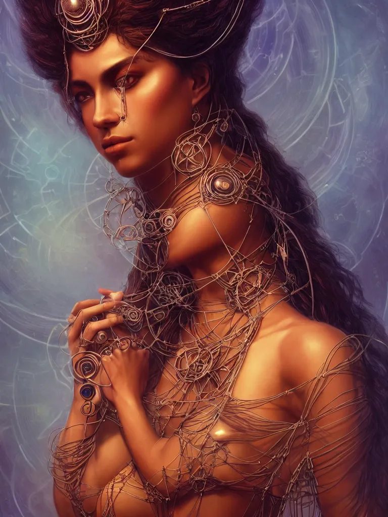 Image similar to a centered render of an alluring mystical tribal goddess adorned with cables and synthesizer parts is surrounded by sacred geometry, full body, gorgeous face, perfect face, powerful, cinematic, beautifully lit, by artgerm, by karol bak, 3 d, trending on artstation, octane render, 8 k