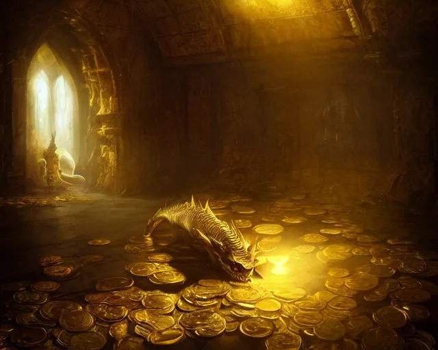 Image similar to dragon sleeping in a room filled with gold coin, gold, treasure. glistening, volumetric light, by greg rutkowski