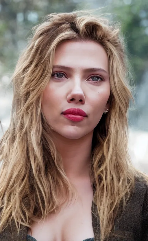 Image similar to portrait of scarlett johansonn , 3/4 view realistic, detailed, diffuse sunlight, soft lights, bokeh Paris in background