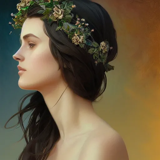 Prompt: Portrait of young woman wearing a floral crown, olive skin, beautiful bone structure, dark blue background , intricate, elegant, highly detailed, digital painting, artstation, concept art, smooth, sharp focus, illustration, art by artgerm and greg rutkowski and alphonse mucha