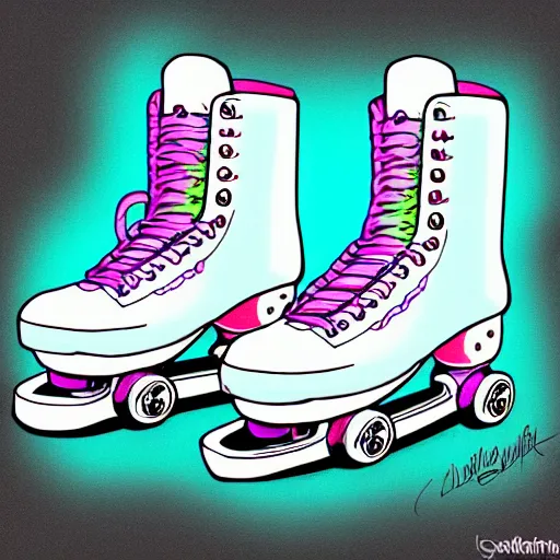 Prompt: a drawing of a pair of white retro! roller skates with dragon embroidery and cyan wheels on a pedestal!! in an empty white room, trending on artstation, carpenter brut, synthwave, pink lightning, neon!! light