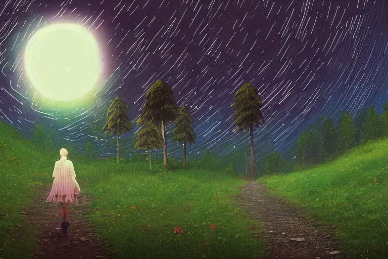 Image similar to giant daisy flower as a head, girl walking forest, big trees, hills, surreal photography, dark night, star trails, moon light, impressionist painting, clouds, digital painting, artstation, simon stalenhag