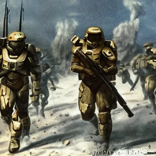 Prompt: halo spartans in world war 2, old movie, dramatic, detailed, colorized, recolor, old movie scene, 1 9 4 0 france