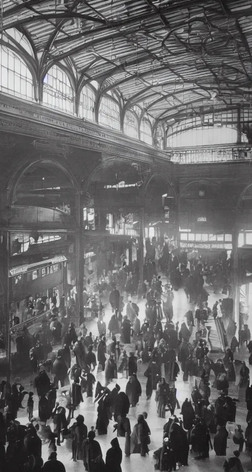 Prompt: interior of a victorian railway station, people on the platforms, luggage, atmospheric, dramatic architecture