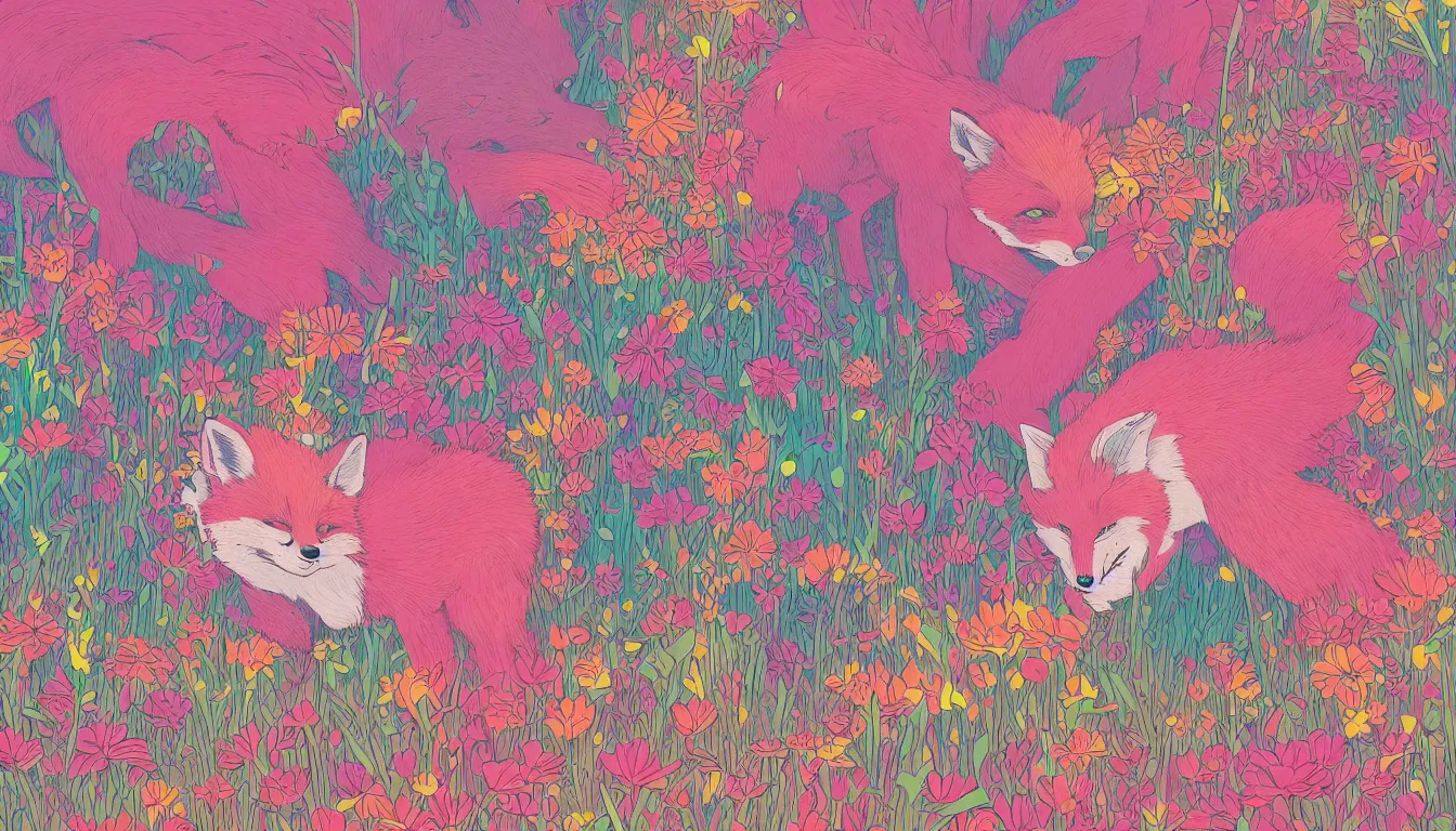 Prompt: pink fox head popping out of a field of multi colored flowers by kilian eng