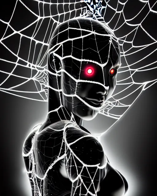 Image similar to black and white cyborg-plant goddess high quality photo, artificial intelligence, bio-mechanical bio-luminescence, artificial spider web, neurons, nerve cells, octane render, cinematic, rim light, hyper realism, photo-realistic, high detail, 8k, in the style of Steven Meisel and Dora Maar and H.G. Giger