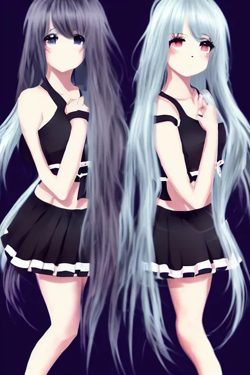 Prompt: two beautiful female idols with twintails facing each other, dark background, anime art
