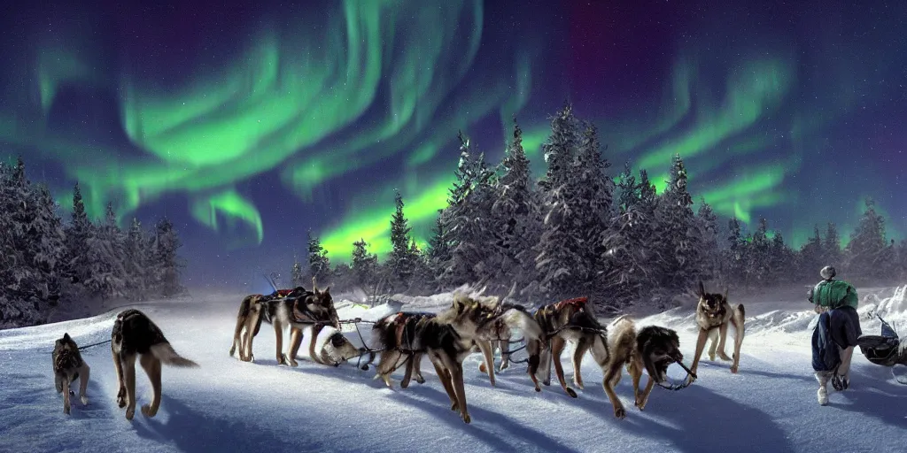 Image similar to a winter scene at night, northern lights, dog sled team, matte painting, high quality, trending on artstation