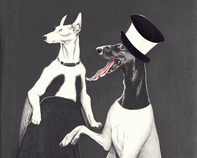 Prompt: a greyhound wearing a black cloak and a top hat, under a spotlight, magician dog performing on stage, dapper greyhound