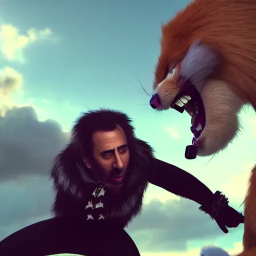 Image similar to nicolas cage beating up furry cosplayers, 8 k, octane render, beautiful composition,