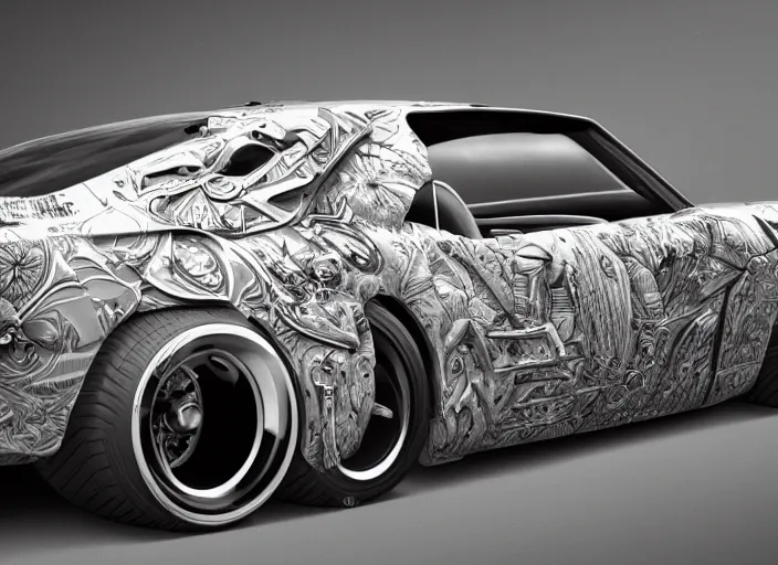 Image similar to cartoon illustration concept art of a muscle car in full intricate detail, ultra detailed, realistic digital art, octane render, 4K, dystopian, micro details