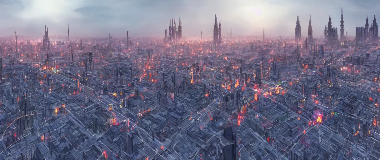 Image similar to digital concept art of dystopian, gothic berlin, high quality, high detail, in the style of Ian Hubert, megacity surrounded by huge impenetrable walls, large hero buildings in the middle towering above the others, tram stations, metro, vivid colours, sunset time, blender render