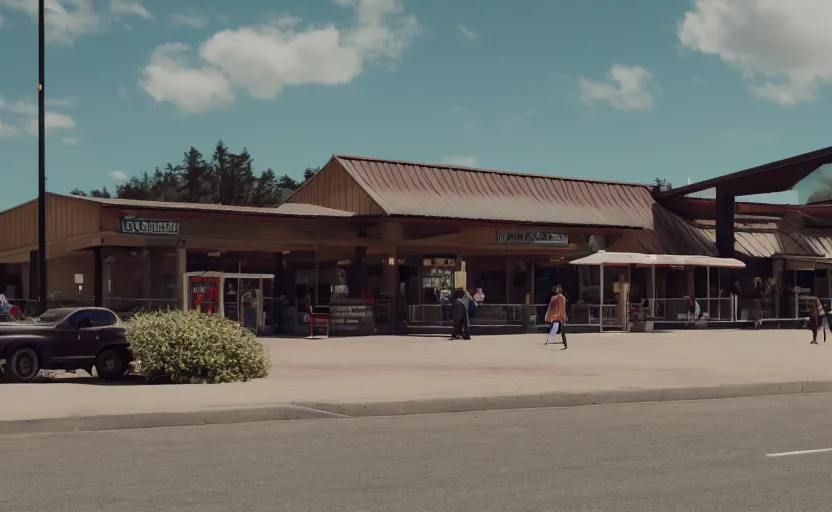 Image similar to cinematic still screenshot of the port byron travel plaza, shot by saul leiter, camera height 7 feet, moody cinematography, 2 4 mm anamorphic lens