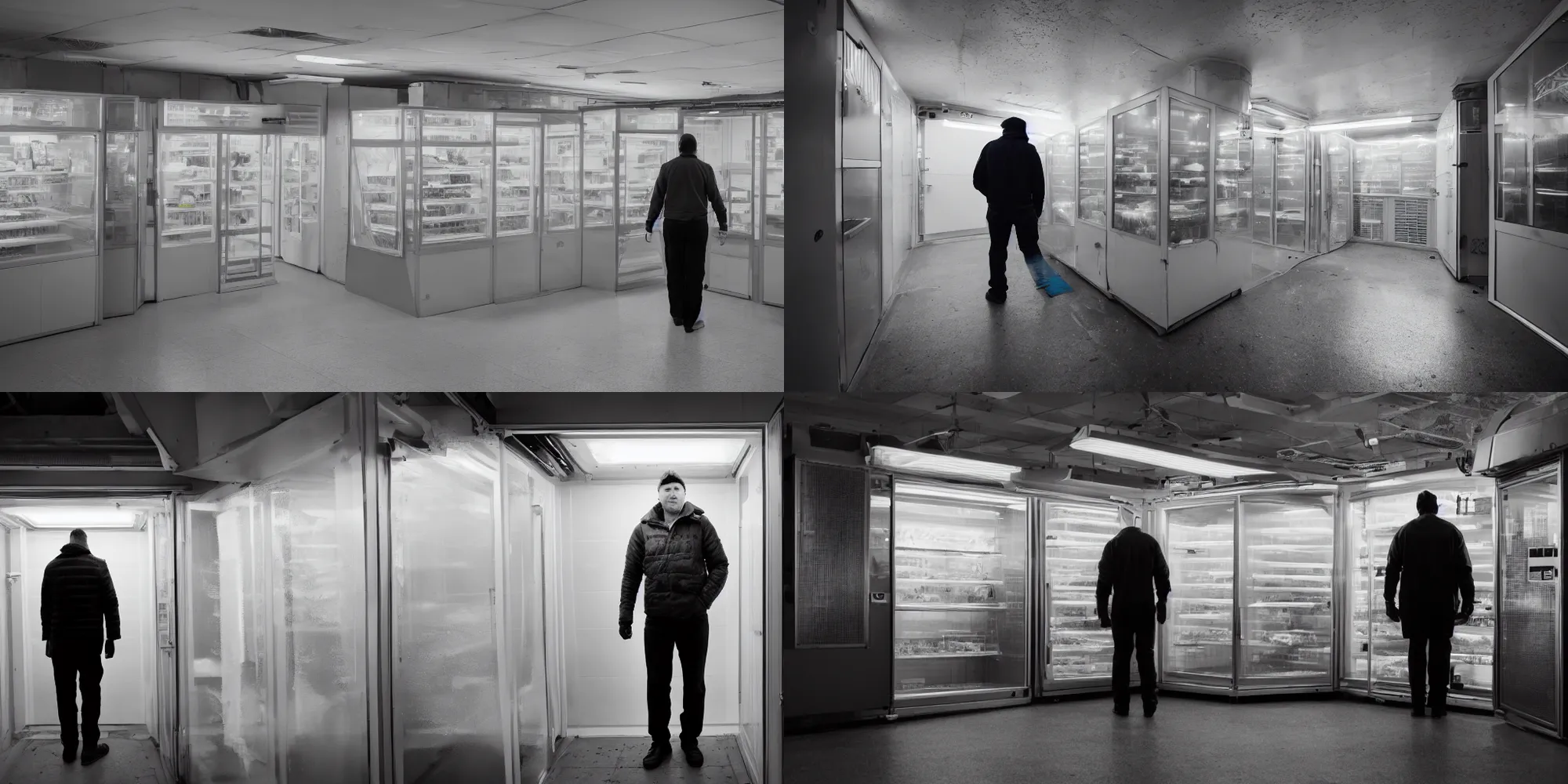 Prompt: a man stepping into the freezer, cinematic shot, cold neon light, sigma 12mm, headshot