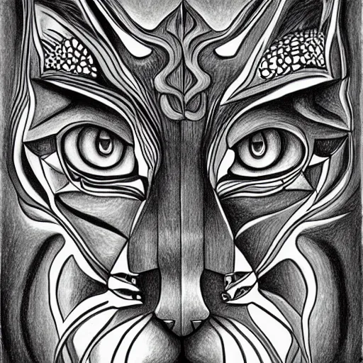 Prompt: drawing realistic stylized cats in the style of escher. symmetric. detailed. hd