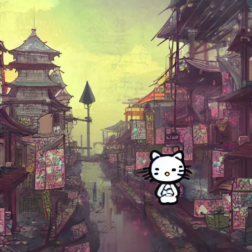 Prompt: hello kitty samurai in cyperpunk city, concept art