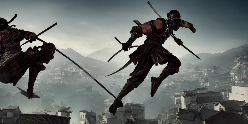 Prompt: highly detailed 3 d render of shinobi japanese assasin jumping on the roofs, barely visible, dynamic pose, total darkness, photobash, raytracing, high contrast backlight, mountains, dark fantasy, epic composition