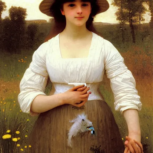 Image similar to A portrait of a fox wearing a white dress and a hat covered in dandelions, beautiful soft painting by William-Adolphe Bouguereau and Robert Cleminson