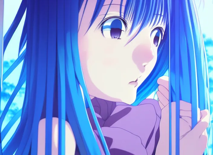 Image similar to anime visual, full body illustration a young woman with blue hair looking out her bedroom window at midnight, cute face by ilya kuvshinov, yoshinari yoh, makoto shinkai, katsura masakazu, dynamic perspective pose, detailed facial features, kyoani, rounded eyes, crisp and sharp, cel shad, anime poster, ambient light,