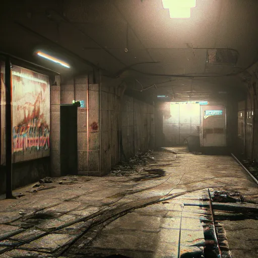 Prompt: silent hill abandoned underground subway homeless filthy horror slum low light sadness lonely. Cyberpunk 2077. CP2077. 3840 x 2160
