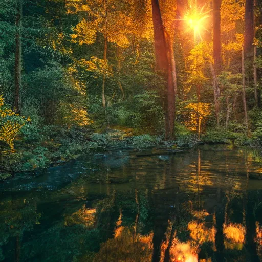 Image similar to river in a forest, golden hour, ray tracing reflection, 8k, hyper realistic, insainly detailed, hdr, octane render