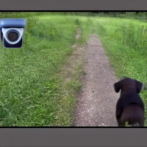 Prompt: banana and dog hybrid trail cam cctv footage