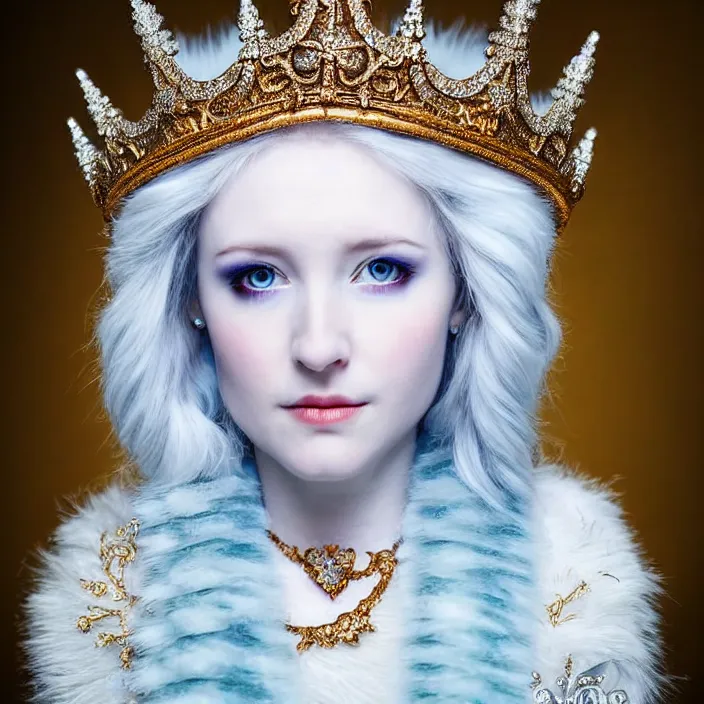 Image similar to portrait photograph of a real-life extremely beautiful!! ice queen with ornate cloak and crown, looking at the camera!!. Extremely detailed.