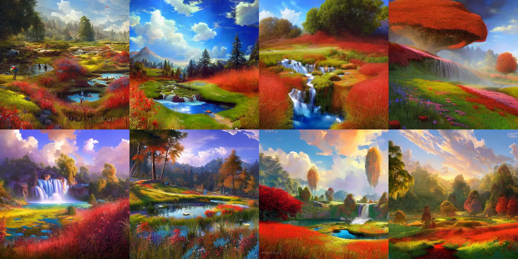 Prompt: a fantasy meadow with pond and waterfall in the distance, patches of red grass, blue sky with colorful clouds, by stephan martiniere and andreas rocha