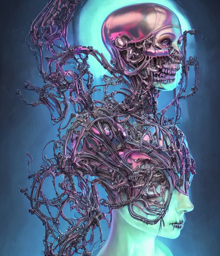 Image similar to fully symmetrical centered iridescent portrait of a beautiful princess of death in robe. skulls artificial muscles, ribcage, bones, hard surface modelling. cyberpunk look. biomechanical mask. bio luminescent biomechanical halo around head. neon jellyfish. artwork by jarold Sng by artgerm, by Eddie Mendoza, by Peter mohrbacher by tooth wu, unreal engine, octane render, cinematic light, high details, iridescent colors, dichroic, macro, depth of field, blur