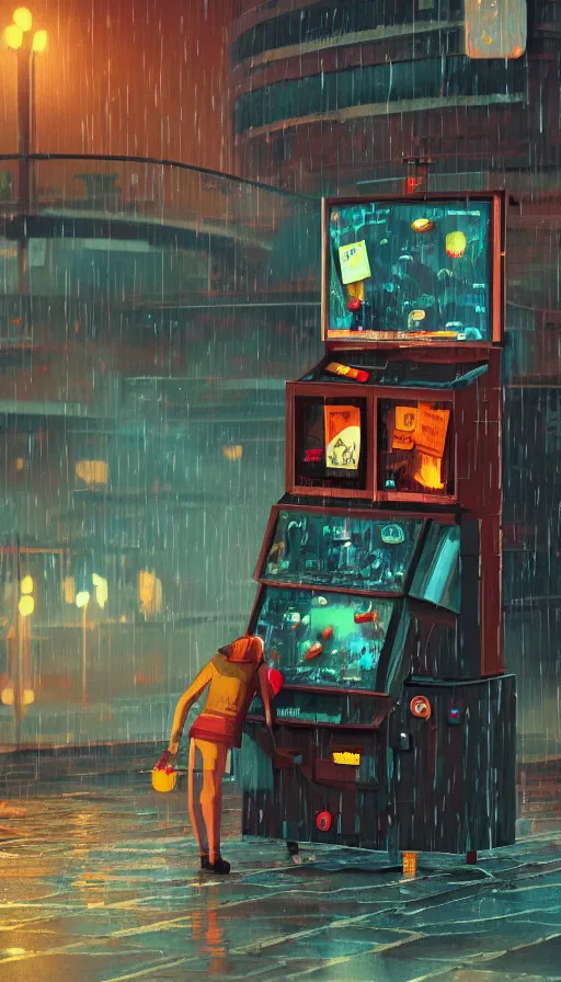 Image similar to videogame cabinet begging for coins in the rain, sharp focus, james gilleard, cinematic, game art, extremely detailed digital painting, print