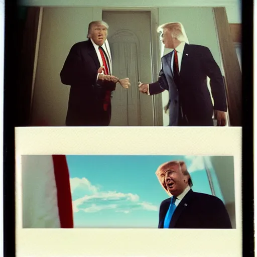 Image similar to polaroid photograph of donald trump meeting aliens