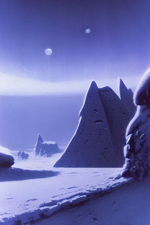 Prompt: emissary space by arthur haas and bruce pennington and john schoenherr, planet hoth, snowy mountains, blue hour, cinematic matte painting, 8 k, dark color palate,