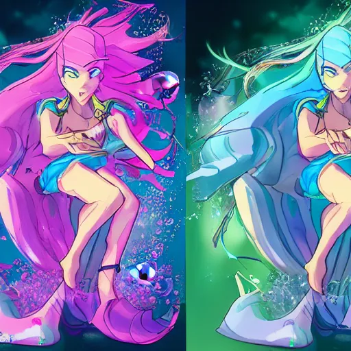 Image similar to female water mage, high quality character design, action pose : : spotlight, magical, seapunk, seaweed, bubbles, high detail, 1 6 k, oled, shadows, reflections, digital art