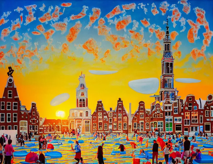 Image similar to a painting of a ice sculpture made of melting icecream in the shape of the skyline of amsterdam museum square and amsterdam houses on a very sunny bright summer sunset day, very hot and the ice is melting fast and people are swimming in the icecream in the style of james jean and fernando botero