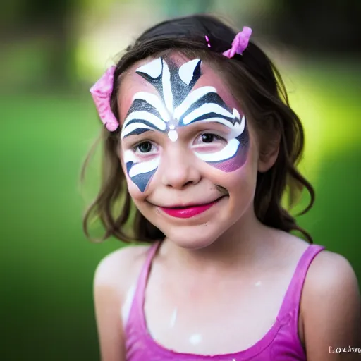 Prompt: a portrait of a girl who has face - painting like a abstract object smiling creepily. depth of field. lens flare