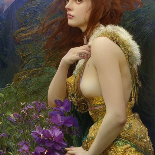 Image similar to an portrait of a beautiful alluring female goddess, detailed, centered, digital painting, artstation, concept art, donato giancola, Dante Gabriel Rossetti, alphonse mucha, Joseph Christian Leyendecker, WLOP, Boris Vallejo, Breathtaking, 8k resolution, extremely detailed, beautiful, establishing shot, artistic, hyperrealistic, beautiful face, octane render